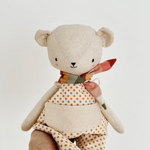 the woodlings handmade bear doll in polka dot overalls and striped neckerchief image 1