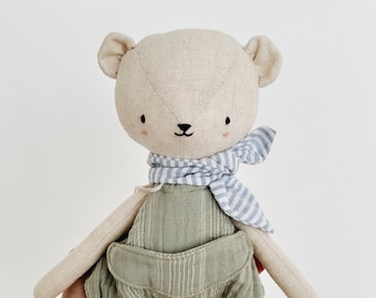 the woodlings - handmade bear doll in striped gauze overalls and seersucker neckerchief