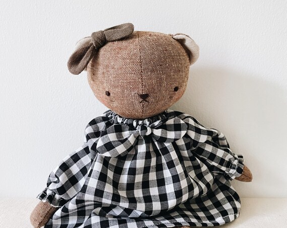 the woodlings - handmade bear doll in gingham dress