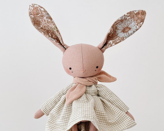 woodlings animal doll - handmade bunny doll in dress & neckerchief