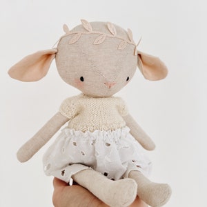 the woodlings handmade spring lamb doll with hand knit sweater and lace skirt image 1