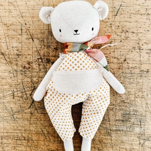 the woodlings handmade bear doll in polka dot overalls and striped neckerchief image 2