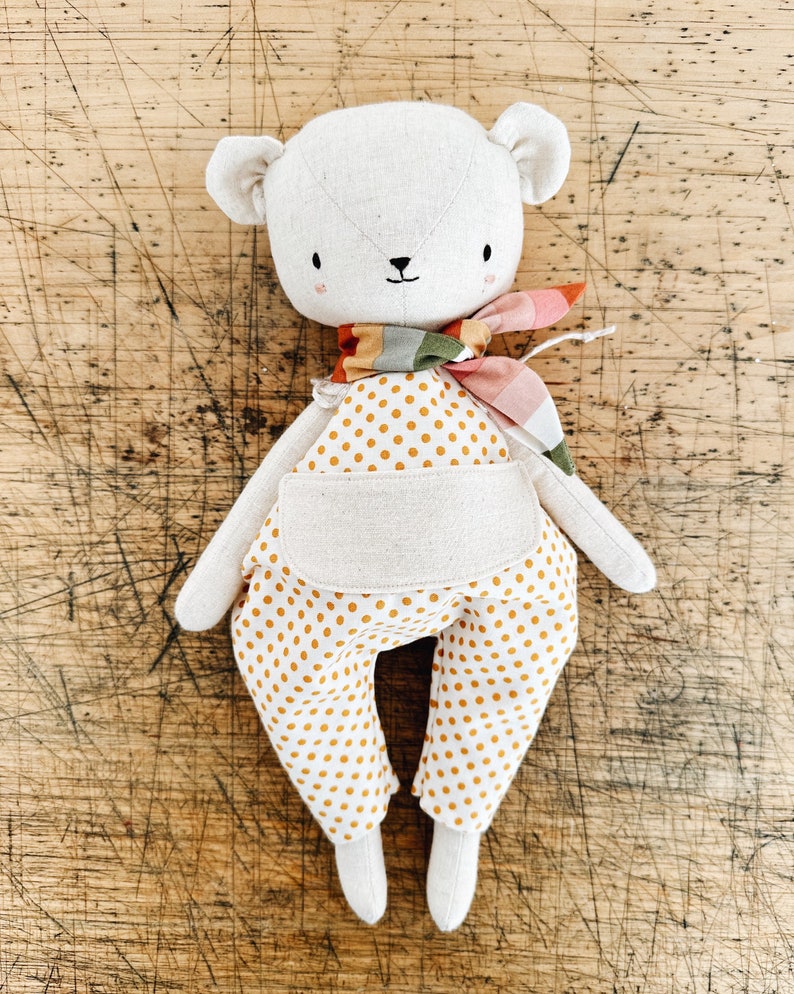 the woodlings handmade bear doll in polka dot overalls and striped neckerchief image 2