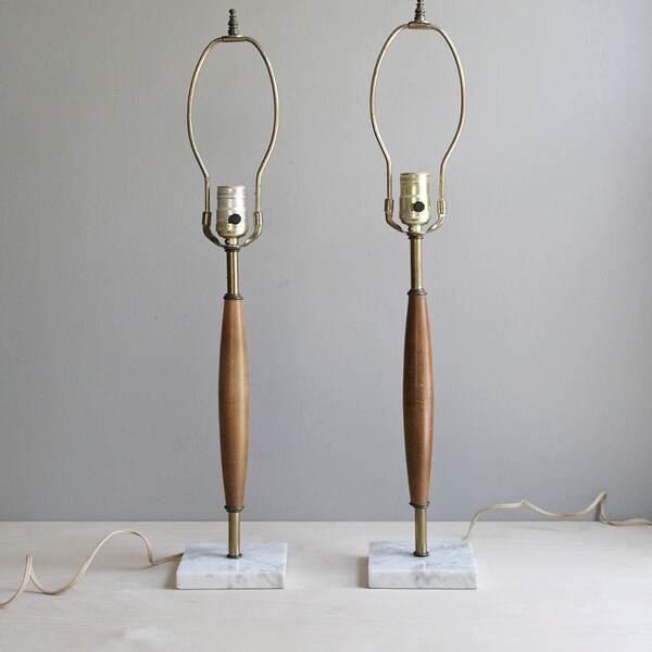 mid century lamp pair / wood & marble