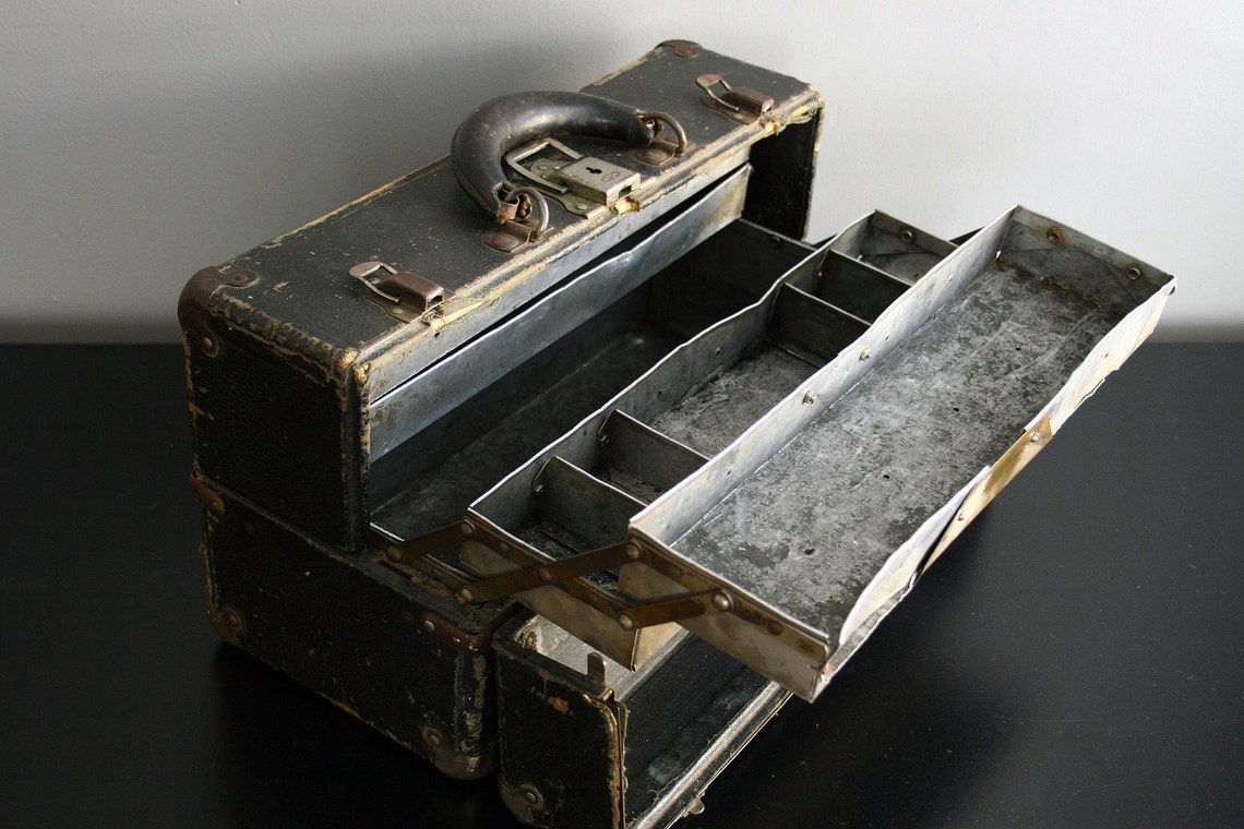 Antique leather tackle box. Etsy