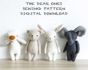 sewing pattern - set of four | the dear ones bear, bunny, duck and elephant | soft toy pdf pattern digital download