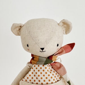 the woodlings handmade bear doll in polka dot overalls and striped neckerchief image 4