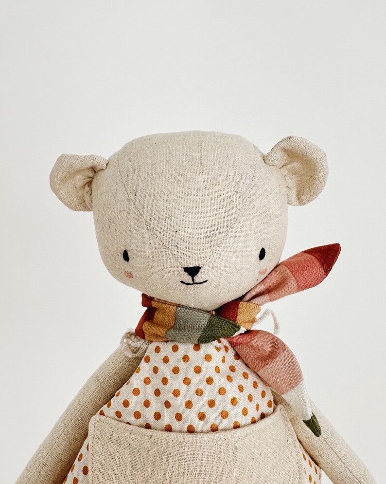 the woodlings handmade bear doll in polka dot overalls and striped neckerchief image 4