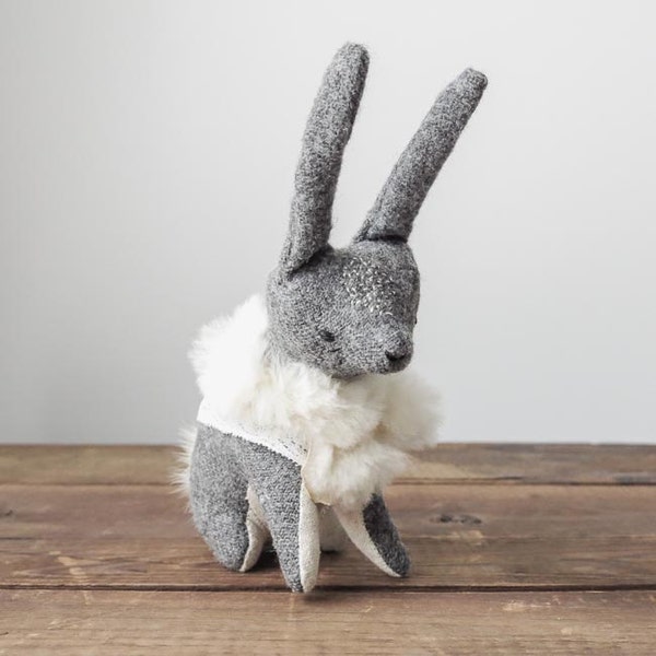 grey rabbit with fur stole / soft sculpture animal