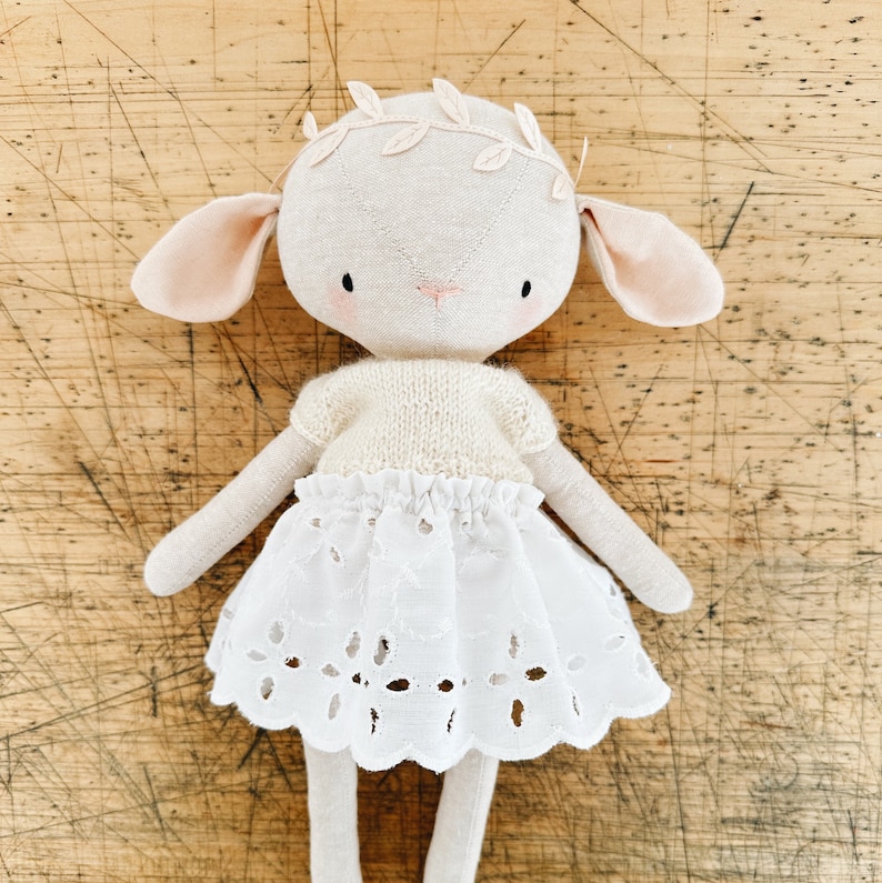 the woodlings handmade spring lamb doll with hand knit sweater and lace skirt image 2