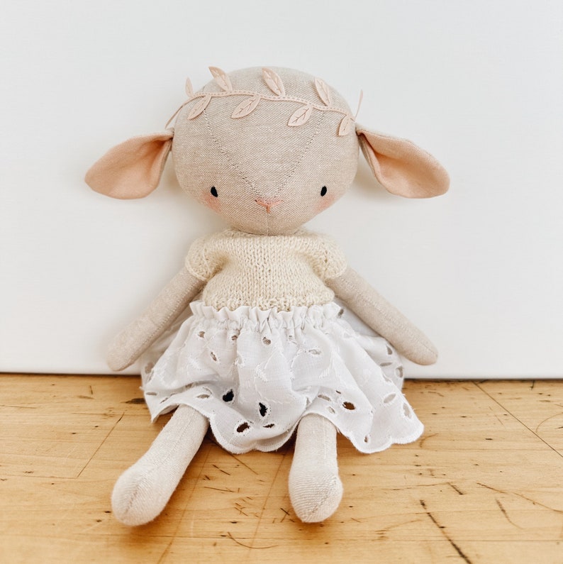 the woodlings handmade spring lamb doll with hand knit sweater and lace skirt image 5