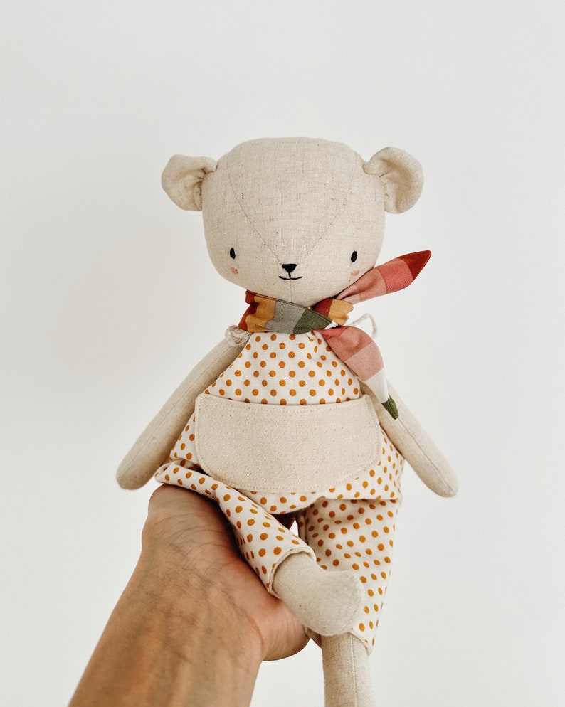 the woodlings handmade bear doll in polka dot overalls and striped neckerchief image 1