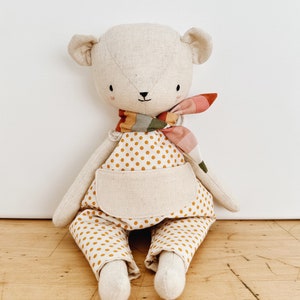 the woodlings handmade bear doll in polka dot overalls and striped neckerchief image 3