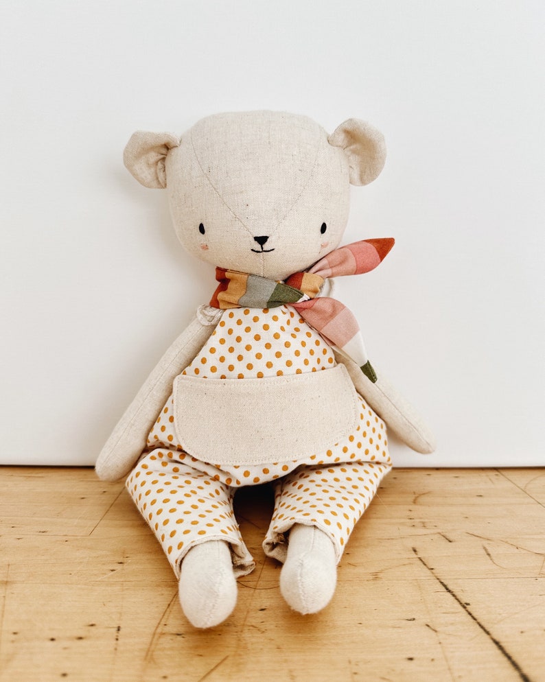 the woodlings handmade bear doll in polka dot overalls and striped neckerchief image 3