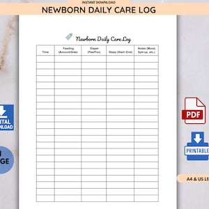 Registro giornaliero delle cure del neonato in formato PDF stampabile / Monitoraggio del sonno, dell'allattamento e del pannolino / Formato A4 e lettera / Diario giornaliero del bambino / Download immediato