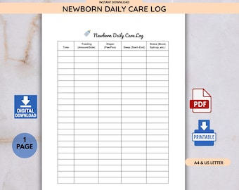 Newborn Baby Daily Care Log: Feeding, Diaper, Sleep Tracker (Printable PDF)