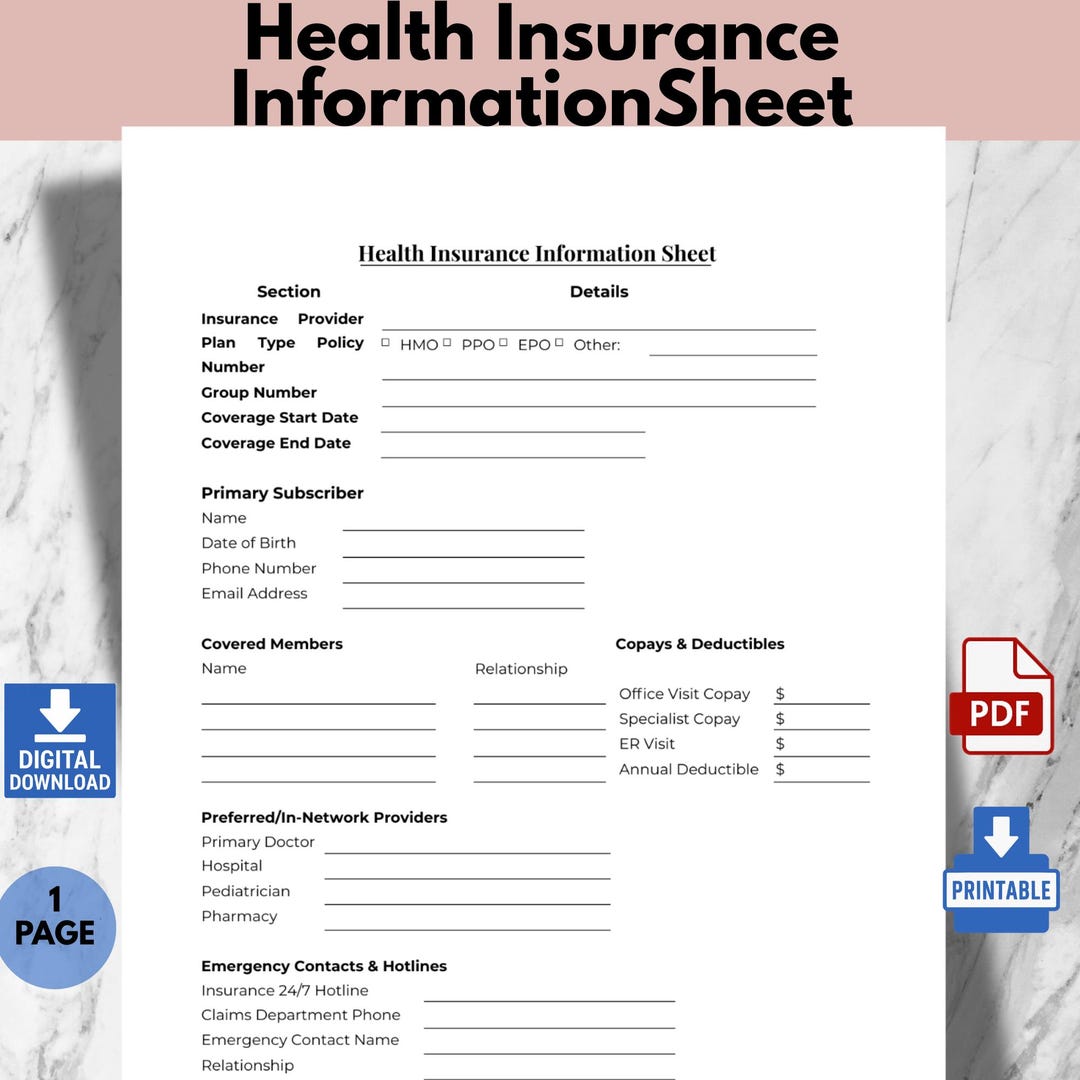 Health Insurance Information Sheet Printable, Emergency Info Form ...