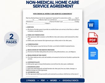 May include: A two-page Non-Medical Home Care Service Agreement document with black text on a white background. Icons for Word, PDF, and Google Docs are displayed on the right, with a 2-page indicator on the left and bottom.