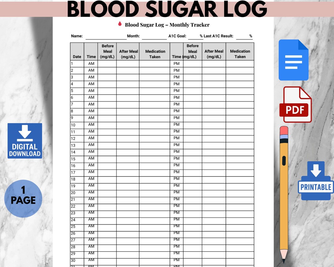 Cbb Log Blood Sugar Log Printable PDF & Google Doc | Daily Glucose Tracker AM ...