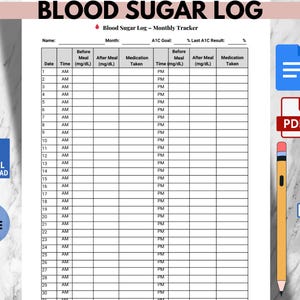 Registro de azúcar en sangre imprimible en PDF y Google Doc / Rastreador diario de glucosa AM/PM / Hoja de registro de diabetes tamaño carta / Inserto de planificador de diabetes