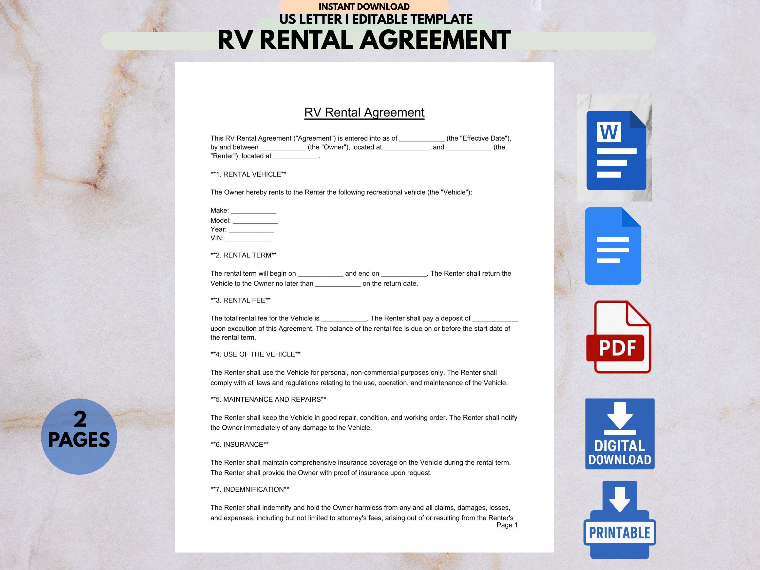 Personal Rv Rental Form RV Rental Agreement Template: Motorhome Camper Van Lease (US Letter PDF ...