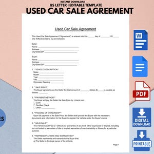 Op de afbeelding: Een afdrukbare US Letter-sjabloon voor een koopovereenkomst voor een gebruikte auto. Het document bevat secties voor verkoper- en kopersinformatie, voertuigbeschrijving, verkoopprijs, betaalmethode en garanties. Pictogrammen voor Word, PDF, digitale download en printbaar.