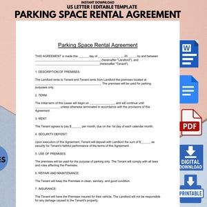 Parking Space Rental Agreement Template: US Letter, Printable (Digital Download)