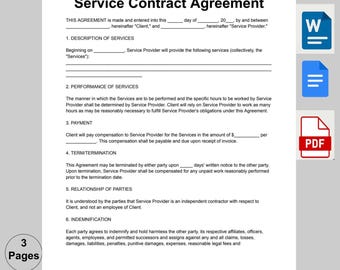 Editable Service Contract Agreement Template, Printable Services Agreement, Client Contract, PDF, Word & Google Docs, Instant Download