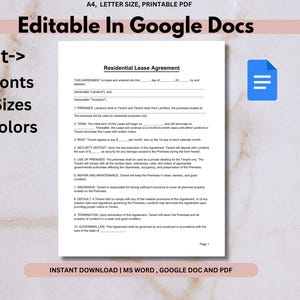 K&ouml;nnte beinhalten: Eine druckbare Mietvertrags-Vorlage im A4-Format, bearbeitbar in Google Docs. Das Dokument enth&auml;lt Abschnitte f&uuml;r R&auml;umlichkeiten, Miete, Kaution und mehr. Sofortiger Download verf&uuml;gbar.