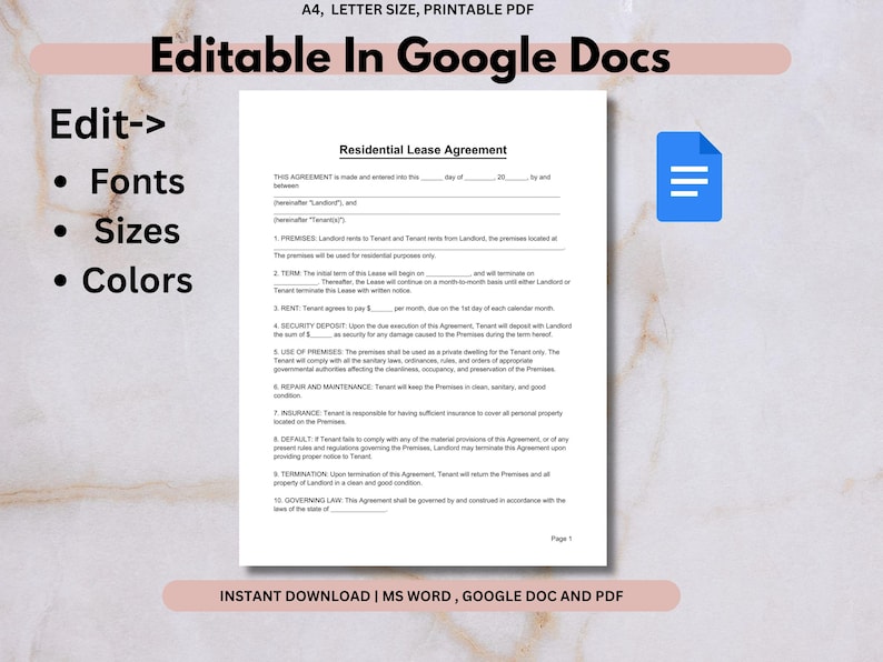 K&ouml;nnte beinhalten: Eine druckbare Mietvertrags-Vorlage im A4-Format, bearbeitbar in Google Docs. Das Dokument enth&auml;lt Abschnitte f&uuml;r R&auml;umlichkeiten, Miete, Kaution und mehr. Sofortiger Download verf&uuml;gbar.