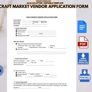 Craft Market Vendor Application Form | PDF & Editable Google Doc | A4 + US Letter | Booth Sign Up Sheet | Small Business Form