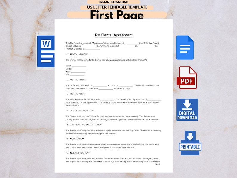 RV Rental Agreement Template: Motorhome Camper Van Lease (US Letter PDF ...