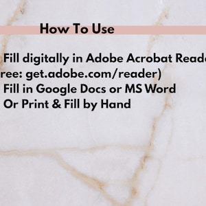 K&ouml;nnte beinhalten: Bild mit Text: "How To Use" und Anweisungen zum digitalen Ausf&uuml;llen in Adobe Acrobat Reader, in Google Docs oder MS Word oder zum Ausdrucken und Ausf&uuml;llen von Hand. Der Hintergrund ist marmoriert.