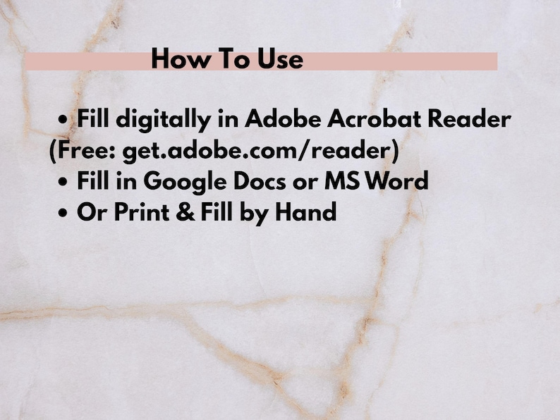 K&ouml;nnte beinhalten: Bild mit Text: "How To Use" und Anweisungen zum digitalen Ausf&uuml;llen in Adobe Acrobat Reader, in Google Docs oder MS Word oder zum Ausdrucken und Ausf&uuml;llen von Hand. Der Hintergrund ist marmoriert.