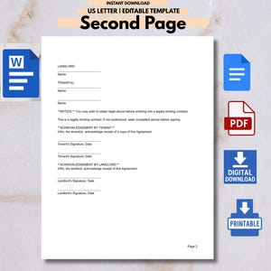 K&ouml;nnte beinhalten: Eine editierbare US Letter Vorlage mit dem Titel "Second Page" auf wei&szlig;em Hintergrund. Das Dokument enth&auml;lt Felder f&uuml;r Vermieter- und Mieterinformationen sowie Unterschriftsbereiche. Symbole f&uuml;r Word, PDF, digitaler Download und druckbar sind ebenfalls vorhanden.