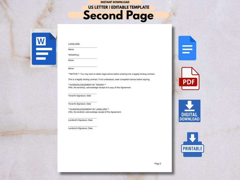 K&ouml;nnte beinhalten: Eine editierbare US Letter Vorlage mit dem Titel "Second Page" auf wei&szlig;em Hintergrund. Das Dokument enth&auml;lt Felder f&uuml;r Vermieter- und Mieterinformationen sowie Unterschriftsbereiche. Symbole f&uuml;r Word, PDF, digitaler Download und druckbar sind ebenfalls vorhanden.