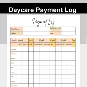 Pode incluir: Um registo de pagamento de creche imprimível com fundo branco. O documento inclui campos para o nome da criança, mensalidade, data de inscrição e ano. Possui seções para pagamentos mensais, com colunas para data e valor, e uma coluna total.