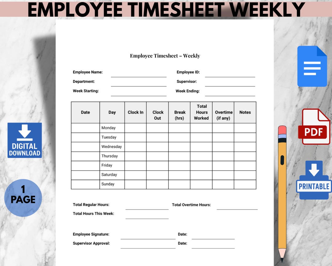 Weekly Employee Timesheet Template: Printable Work Log (PDF & Google ...