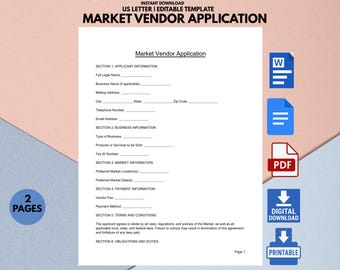 Printable Market Vendor Application Form: US Letter Size (Digital Download)