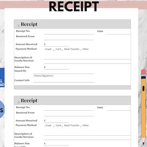 Simple Receipt Template Printable PDF | A4 & US Letter Size | Blank Business Sales Payment Receipt for Small Business and Personal Use