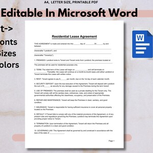 K&ouml;nnte beinhalten: Ein druckbares A4-PDF-Dokument, "Residential Lease Agreement", bearbeitbar in Microsoft Word. Das Dokument enth&auml;lt Abschnitte f&uuml;r R&auml;umlichkeiten, Miete und Kaution. Der Text "Edit-> Fonts, Sizes, Colors" ist ebenfalls vorhanden.