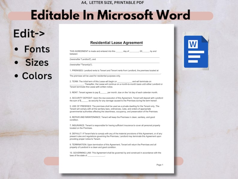 K&ouml;nnte beinhalten: Ein druckbares A4-PDF-Dokument, "Residential Lease Agreement", bearbeitbar in Microsoft Word. Das Dokument enth&auml;lt Abschnitte f&uuml;r R&auml;umlichkeiten, Miete und Kaution. Der Text "Edit-> Fonts, Sizes, Colors" ist ebenfalls vorhanden.