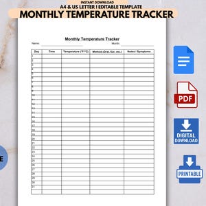 Può includere: Un tracker di temperatura mensile stampabile con colonne per il giorno, l'ora, la temperatura in Fahrenheit, il metodo di misurazione della temperatura e note o sintomi. Il tracker è lungo una pagina ed è disponibile come download digitale.
