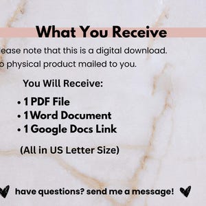 K&ouml;nnte beinhalten: Ank&uuml;ndigung eines digitalen Downloads auf Marmorhintergrund. Der Text lautet "Was Sie erhalten" und listet eine PDF-Datei, ein Word-Dokument und einen Google Docs-Link auf. Es wird auch darauf hingewiesen, dass es sich um einen digitalen Download handelt.