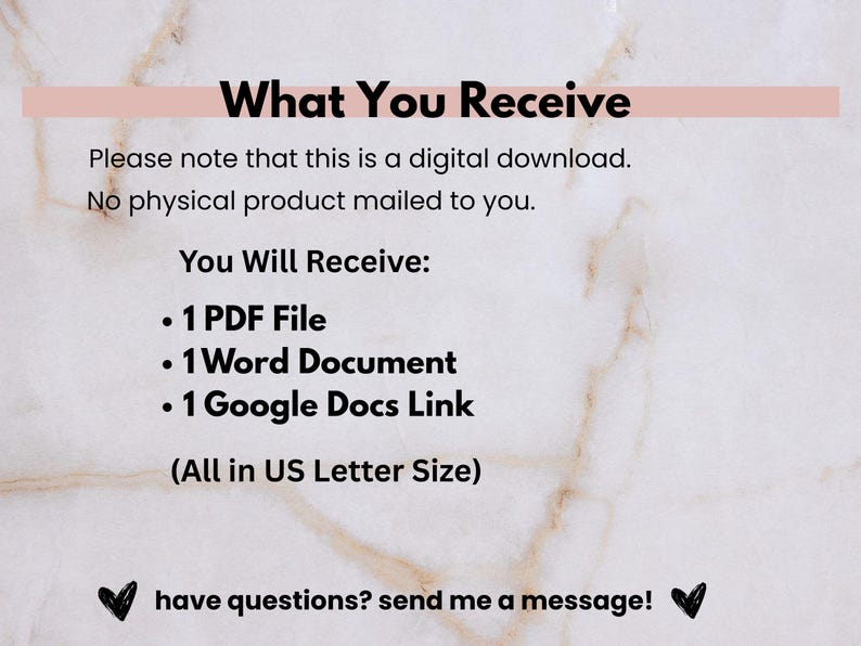 K&ouml;nnte beinhalten: Ank&uuml;ndigung eines digitalen Downloads auf Marmorhintergrund. Der Text lautet "Was Sie erhalten" und listet eine PDF-Datei, ein Word-Dokument und einen Google Docs-Link auf. Es wird auch darauf hingewiesen, dass es sich um einen digitalen Download handelt.