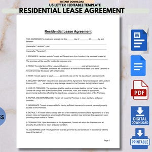 May include: A white document titled "Residential Lease Agreement" with text and fillable fields. Includes icons for Word, PDF, digital download, and printable versions. The document is labeled as an instant download and an editable template.