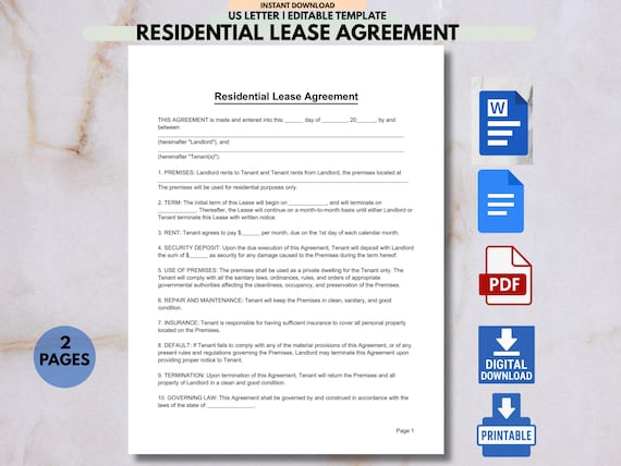 Residential Lease Agreement. Rental Contract Template. Landlord and Tenant Form. Editable Legal Document. Instant Download.