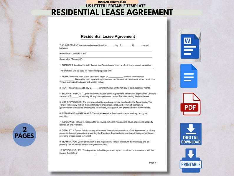 Printable Residential Lease Agreement Template in US Letter Size PDF Format