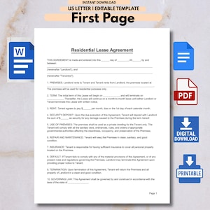 K&ouml;nnte beinhalten: Eine editierbare Vorlage f&uuml;r einen Mietvertrag im US-Letter-Format. Das Dokument enth&auml;lt Abschnitte f&uuml;r R&auml;umlichkeiten, Laufzeit, Miete, Kaution und mehr. Symbole f&uuml;r Word, PDF, digitaler Download und druckbar sind sichtbar.