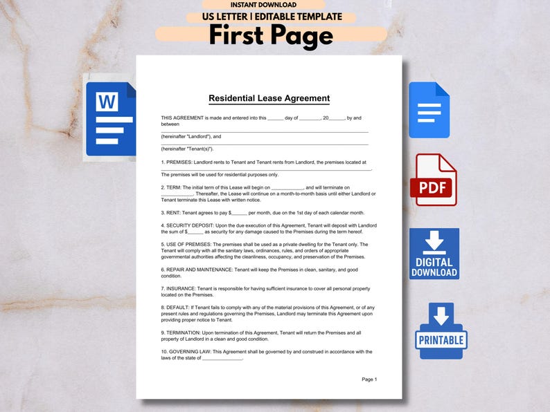 K&ouml;nnte beinhalten: Eine editierbare Vorlage f&uuml;r einen Mietvertrag im US-Letter-Format. Das Dokument enth&auml;lt Abschnitte f&uuml;r R&auml;umlichkeiten, Laufzeit, Miete, Kaution und mehr. Symbole f&uuml;r Word, PDF, digitaler Download und druckbar sind sichtbar.